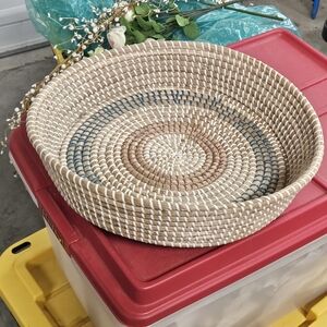 Handwoven Tan and Blue Decorative Basket